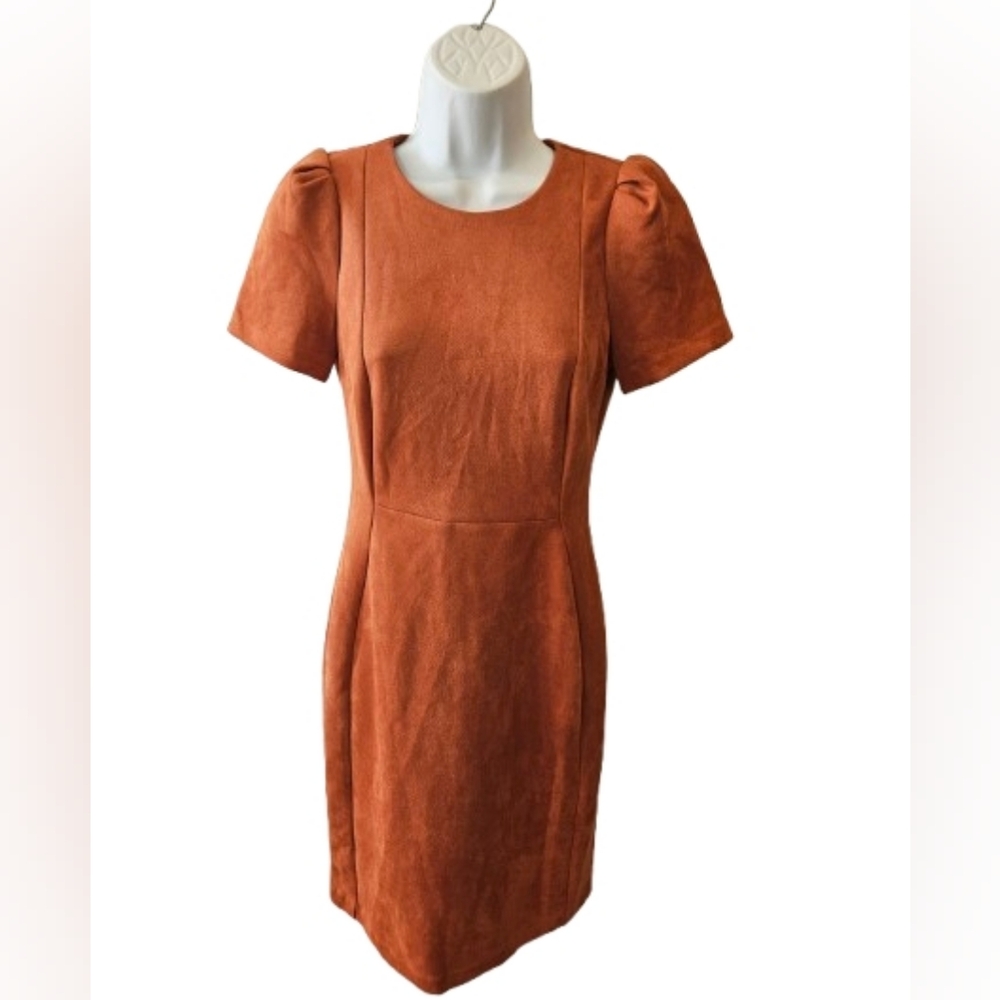 Calvin Klein Rust Faux Suede Sheath Dress Puff Sleeve Zip Back NWT Size 2